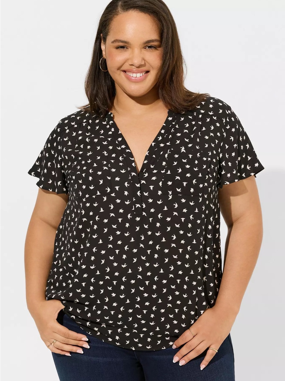 Torrid Harper Flutter Sleeve Black White Bird Print Popover Blouse, Women's 4X
